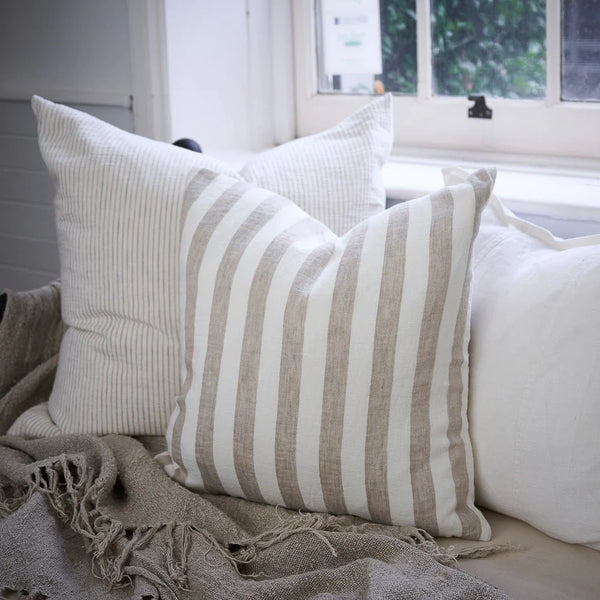 Eadie - Santi Linen Cushion - White/Natural Stripe