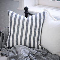 Eadie - Santi Linen Cushion - White/Navy Stripe